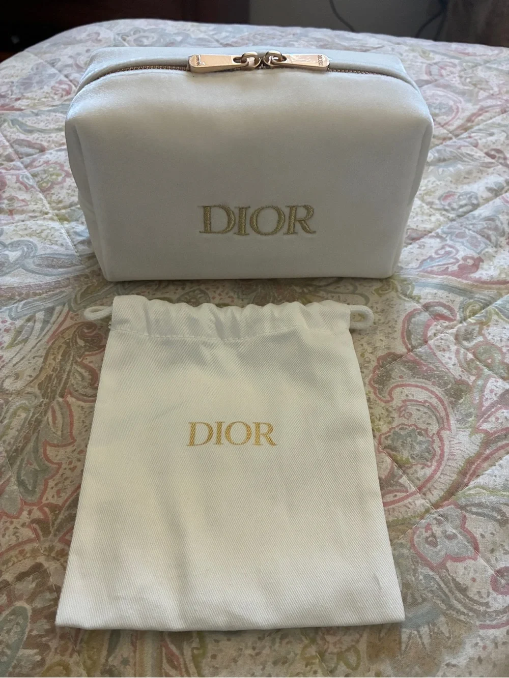 Christian Dior White/Gold Velvet Cosmetic Pouch